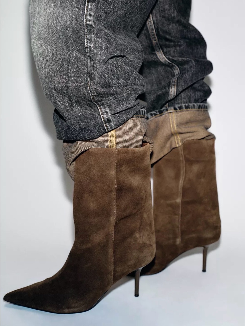 Zara Brown Suede Pointed-Toe Stiletto Boots